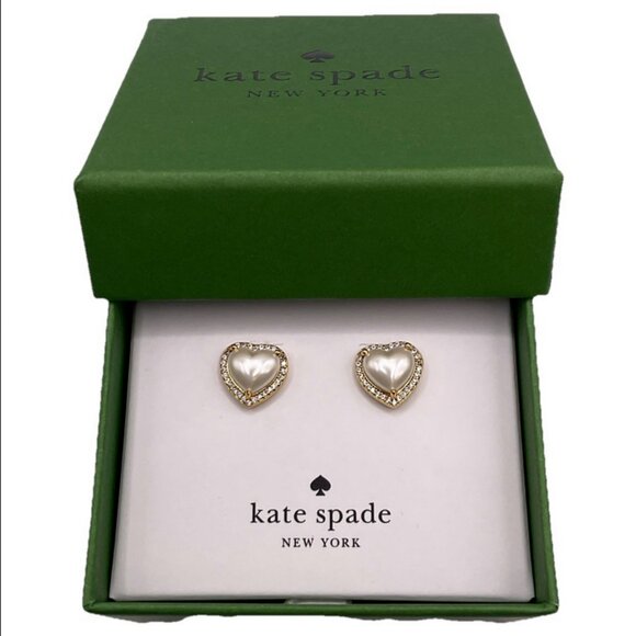 Kate Spade Pearl & Gold Heart Earrings My Love Pave Hearts Studs NEW NWT Jewelry - Picture 2 of 7